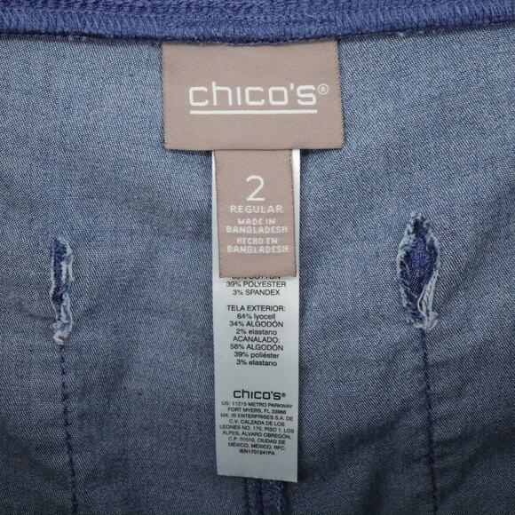 Chicos Pants 2 Womens Large Blue Chambray Pull On Elastic Waist Roll Tab Cuffs - Picture 3 of 14